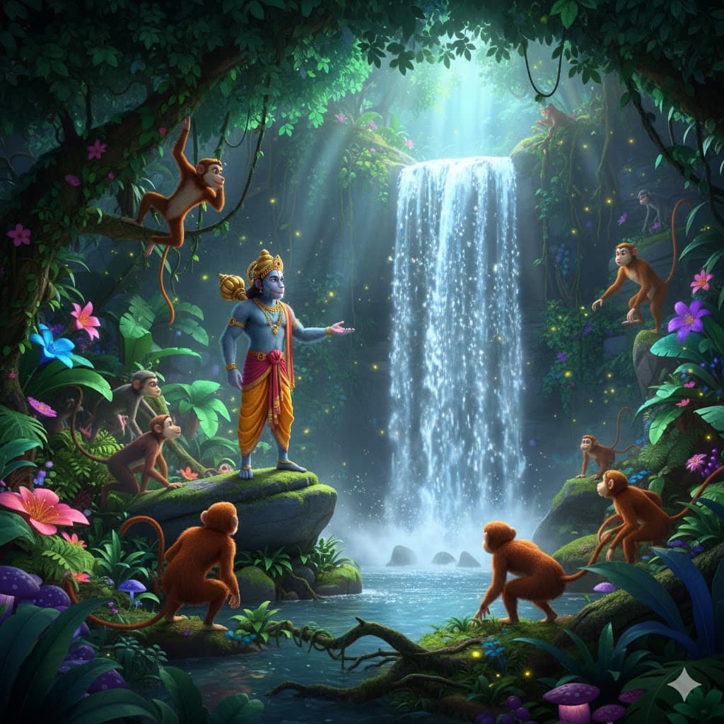 Prince Rama at the waterfall