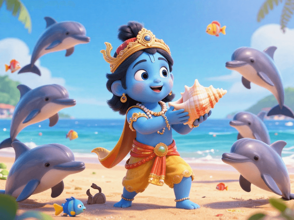 Krishna with dolphins