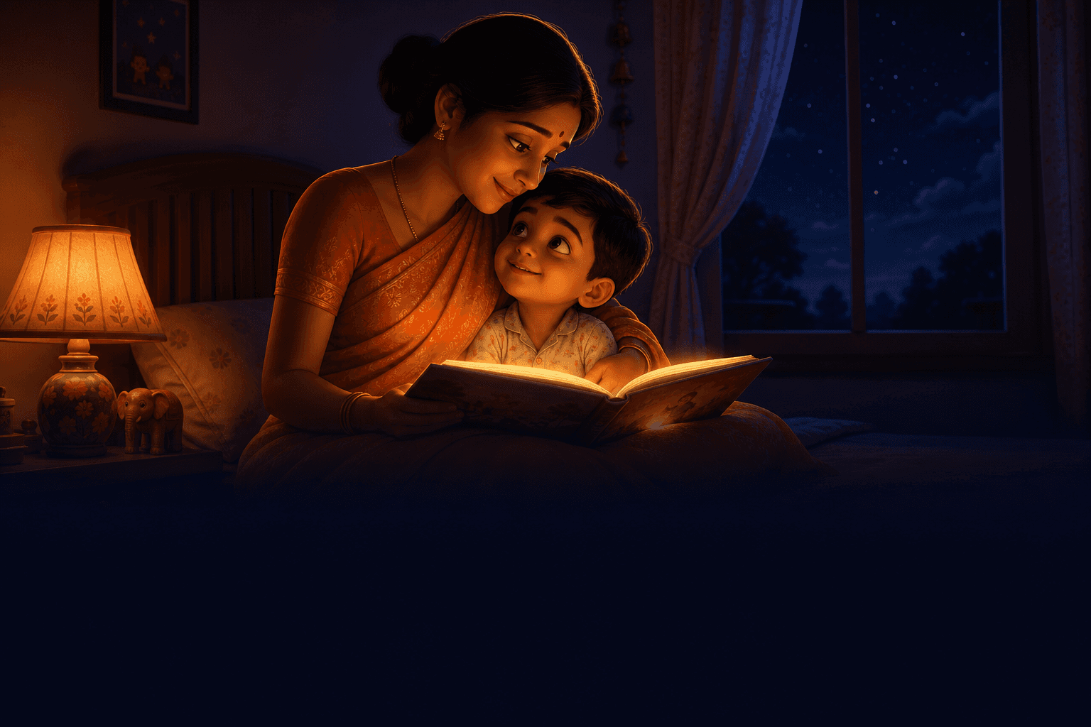A mother reading a glowing storybook to her child at night, his eyes on her